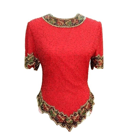 VTG 80s 90s Medium Red Silk Beaded Cocktail Blouse Statement Special Occasion - Picture 2 of 9